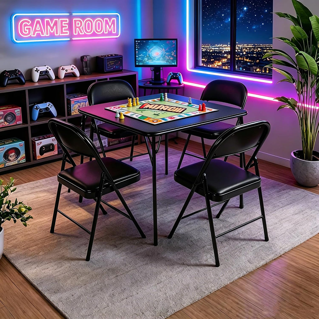 34 Inch Folding Table Foldable Portable Table, Square Folding Card Table for Poker Games, Camping, Picnic, Metal Construction with PU Soft Padded Tabletop, Space Saving Storage, Black