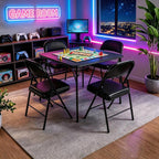 34 Inch Folding Table Foldable Portable Table, Square Folding Card Table for Poker Games, Camping, Picnic, Metal Construction with PU Soft Padded Tabletop, Space Saving Storage, Black