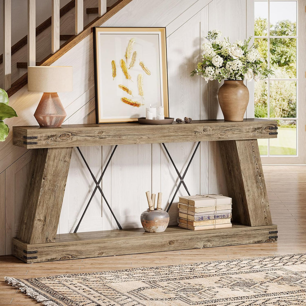 Tribesigns 70.9" Farmhouse Console Table, Long Sofa Table Behind Couch with Storage, Narrow Console Station, Industrial Rustic Entryway Furniture for Hallway, Entry, Living Room (1, Light Brown Oak)