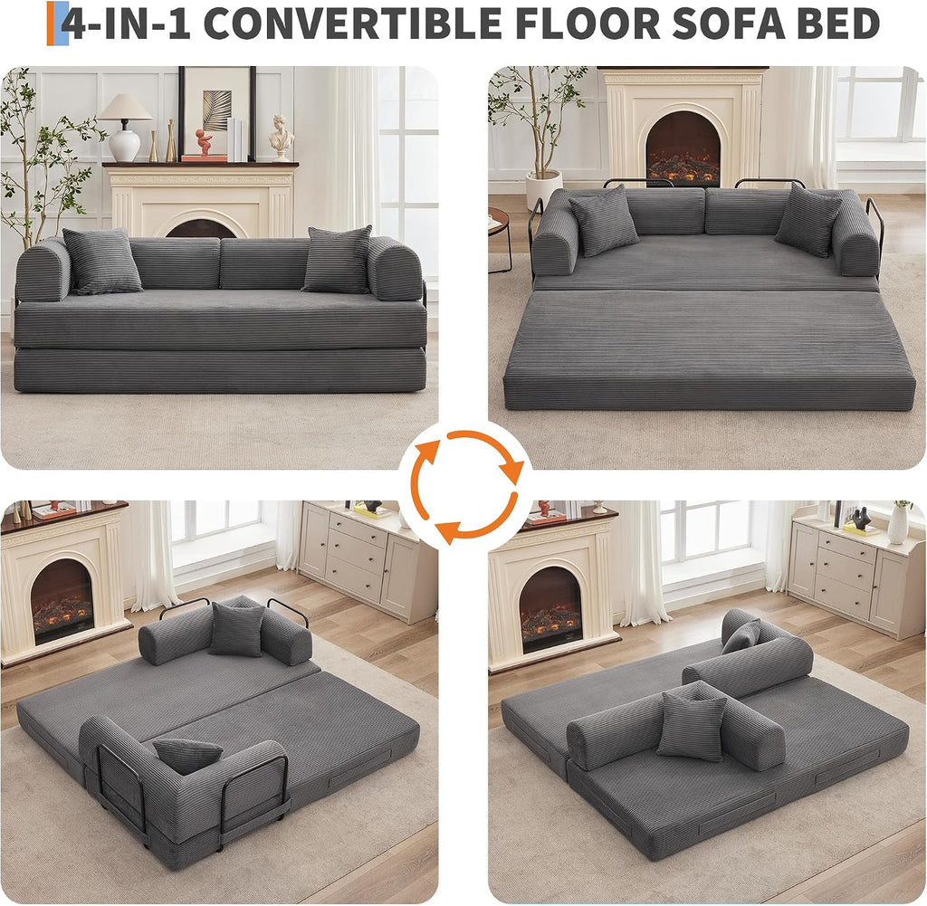 IDEALHOUSE 4 in 1 Convertible Sleeper Sofa Bed Couch, 79 Inch Boneless Corduroy Floor Couch with Pillows, No Assembly, Modern Deep Seat Sofa Futon Mattress for Living Room,Apartment,Gray