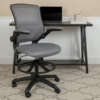 EMMA + OLIVER Mid-Back Dark Gray Mesh Ergonomic Drafting Chair with Foot Ring and Flip-Up Arms
