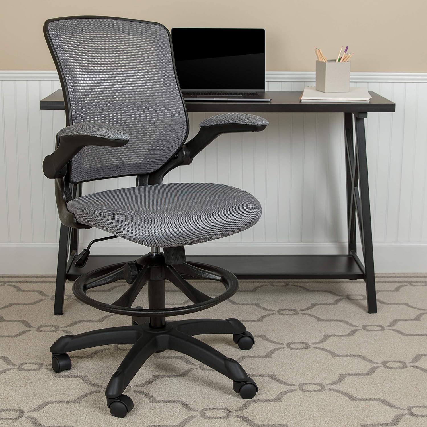 EMMA + OLIVER Mid-Back Dark Gray Mesh Ergonomic Drafting Chair with Foot Ring and Flip-Up Arms
