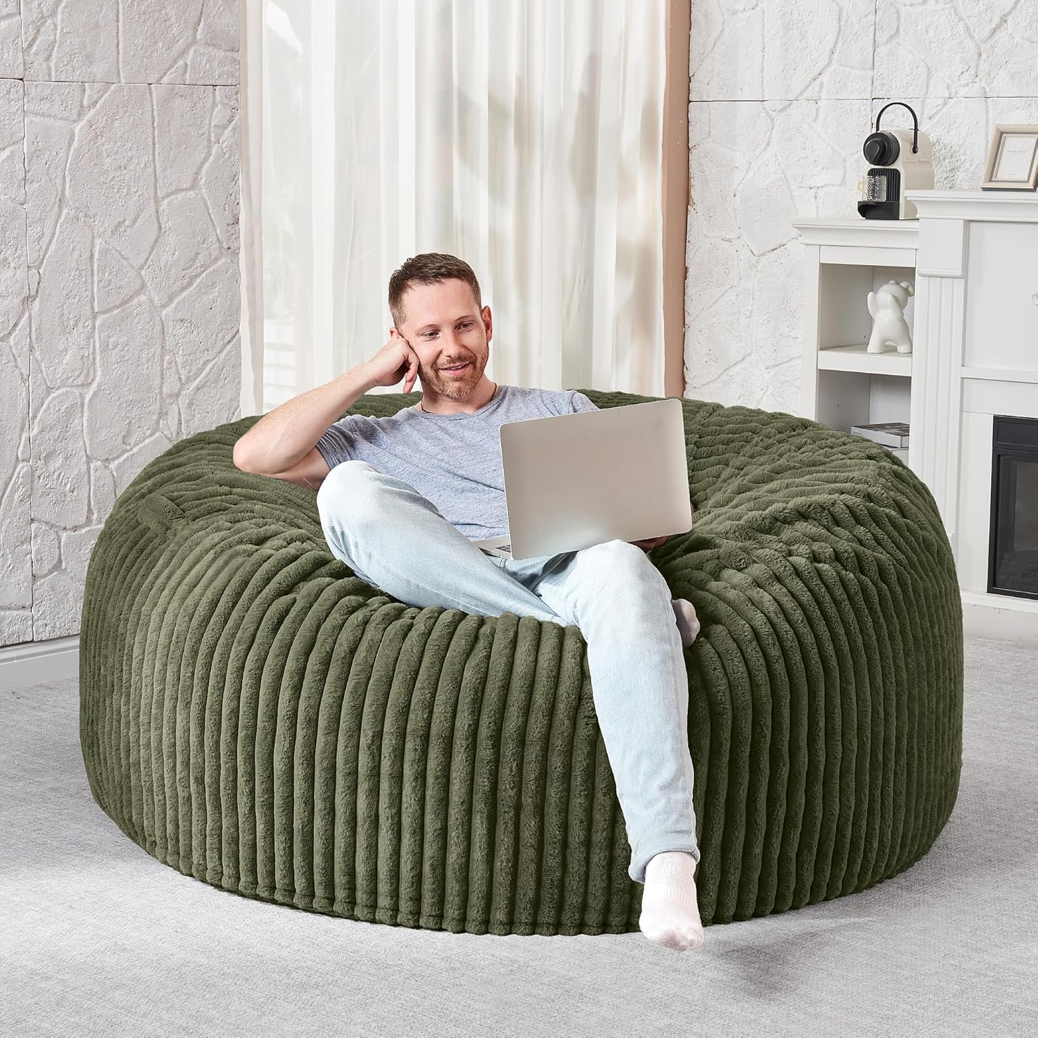 HABUTWAY 4FT Bean Bag Chair, 4' Large Bean Bag Chairs for Adults with Removable Stripe Plush Cover, Memory Foam Beanbag Chair for Living Room Bedroom Dorm (Green)