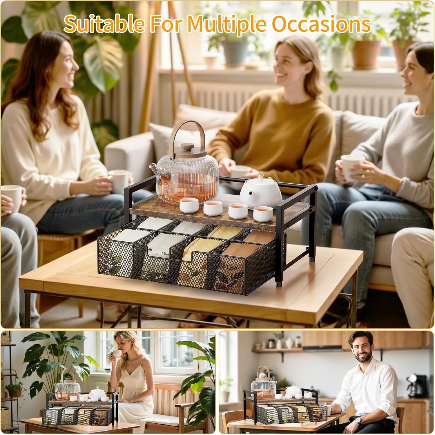 Tea Bag Organizer, Tea Bag Holder with Drawer, Wood and Metal Tea Organizers and Storage Chest for Countertop Kitchen, Office, Rustic Brown