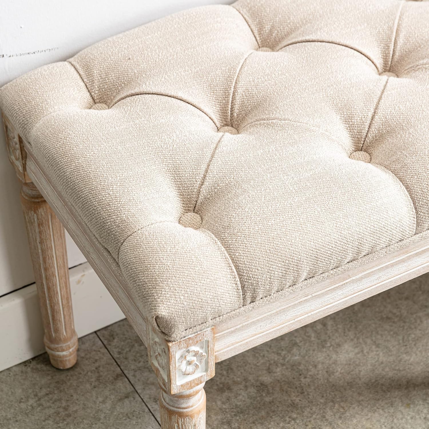 Tufted Dining Bench French Vintage Fabric Upholstered Wood Dining Room Bench Rustic Entryway Bench Bedroom End Bed Bench, Beige 45" Long