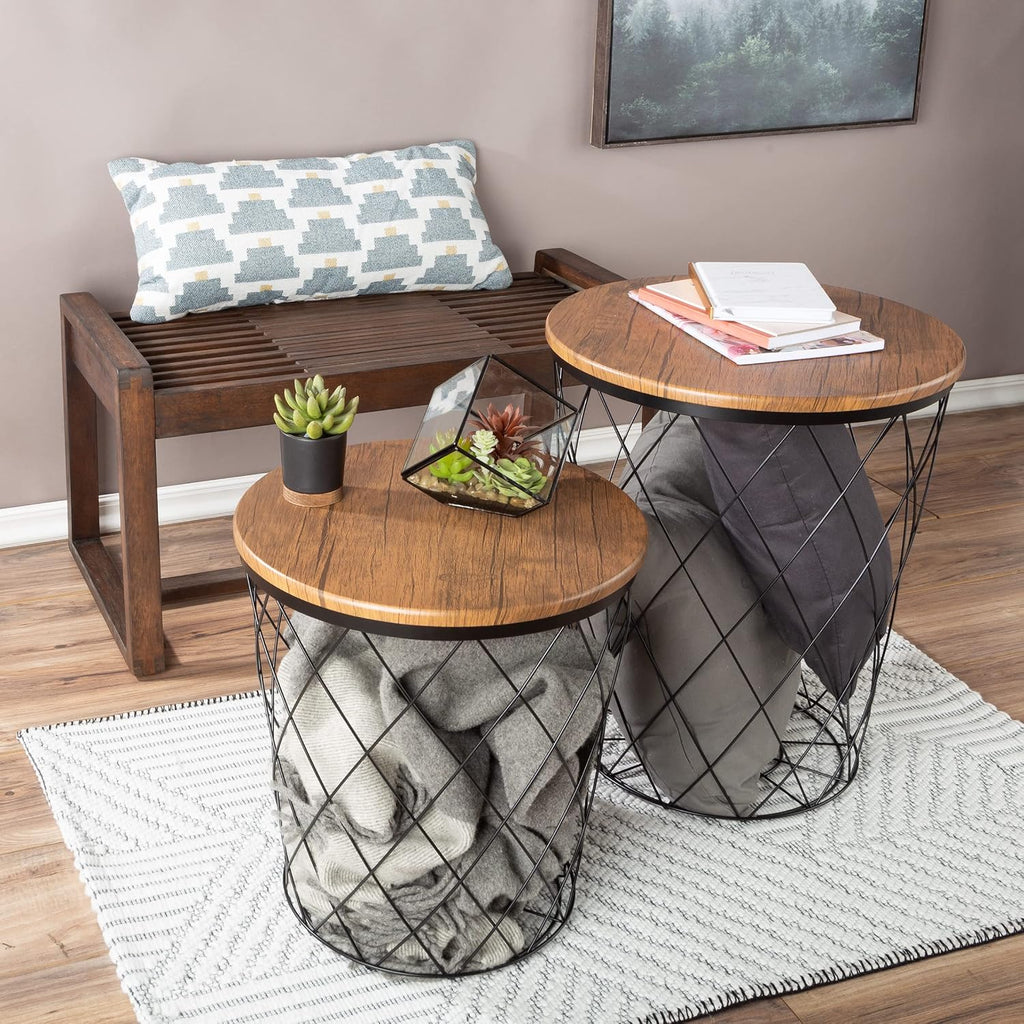 Lavish Home End Tables - Round Nesting Tables Set of 2, Brown Woodgrain | 17.5”/15.5” Side Tables with Removable Wood Tops & Metal Basket Bases for Blanket Storage, Living Room, Bedroom & Home Office