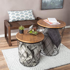Lavish Home End Tables - Round Nesting Tables Set of 2, Brown Woodgrain | 17.5”/15.5” Side Tables with Removable Wood Tops & Metal Basket Bases for Blanket Storage, Living Room, Bedroom & Home Office