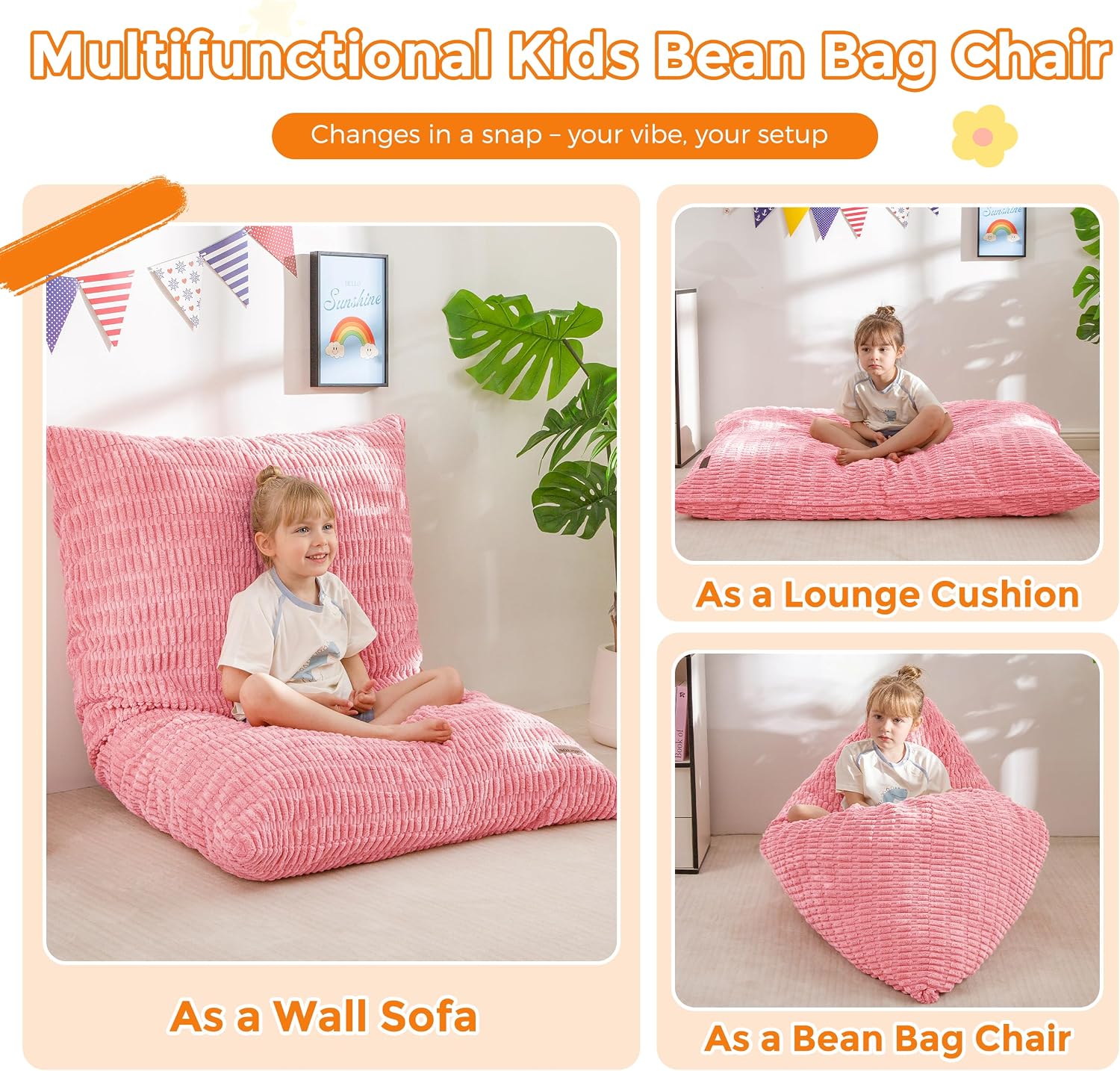 MAXYOYO Kids Bean Bag Chair, 3 in 1 Convertible Bean Bag Sofa with Removable Cover for Children, Soft Floor Lounger with Supportive Shredded Foam Filling, Floor Cushion Chair for Living Room, Playroom