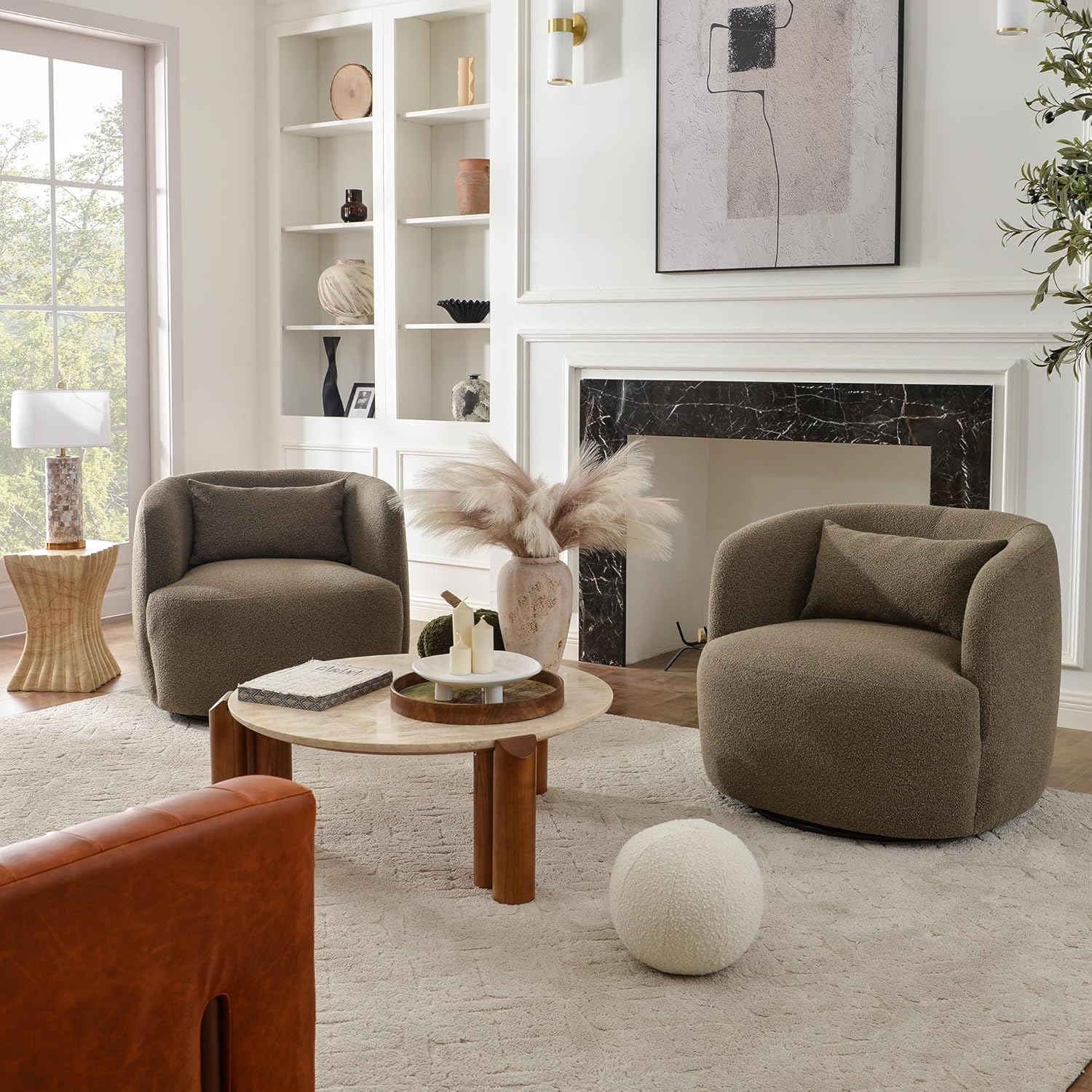 KINWELL 34" Wide Sherpa Swivel Barrel Chairs Set of 2, No Assembly Round Boucle Upholstered Accent Chairs Armchairs Single Sofa Chair with Toss Pillow for Living Room and Bedroom, Teddy Brown