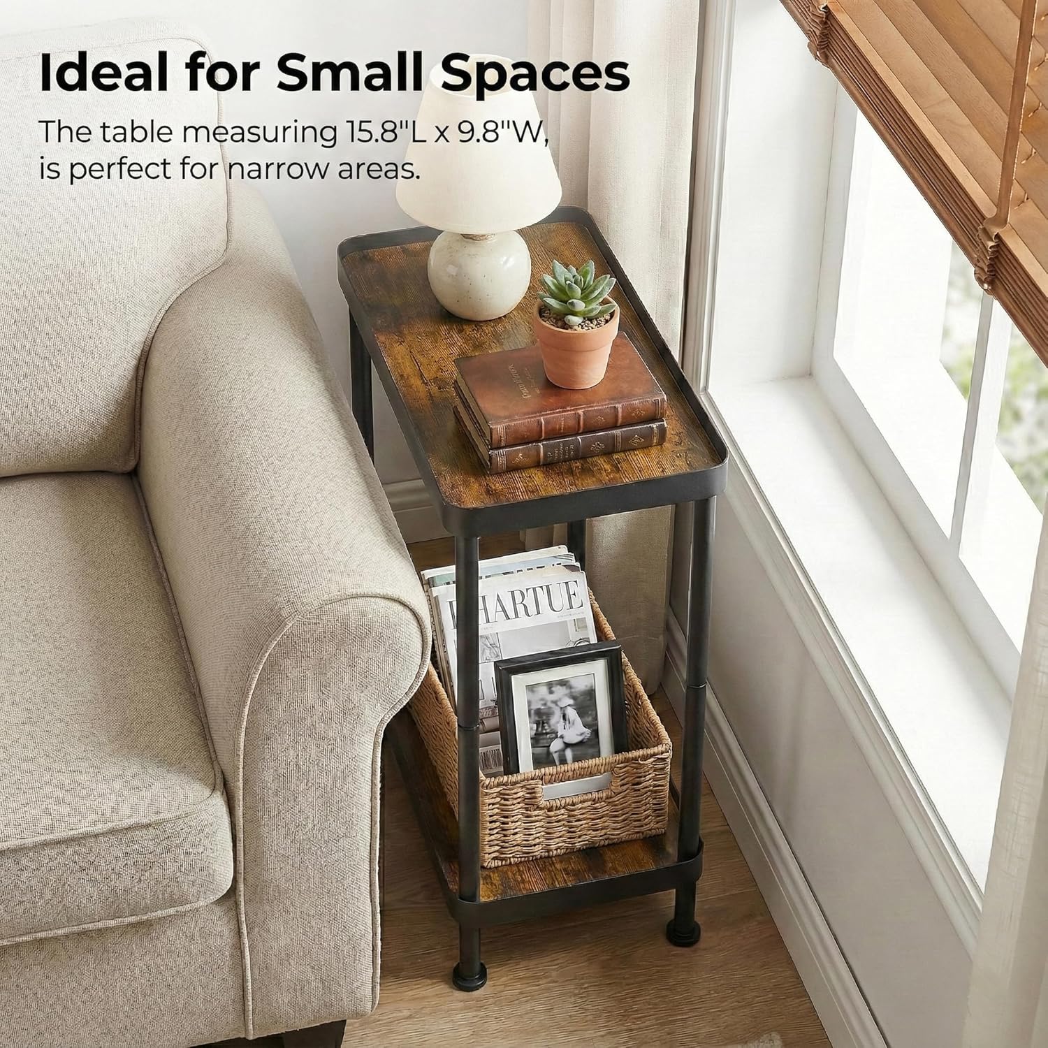 Small Narrow Side Table, 2 Tier End Table with Storage Shelf, Sofa Table for Small Spaces in Living Room, Bedroom, Office, Nightstand or Plant Stand(Rustic Brown)