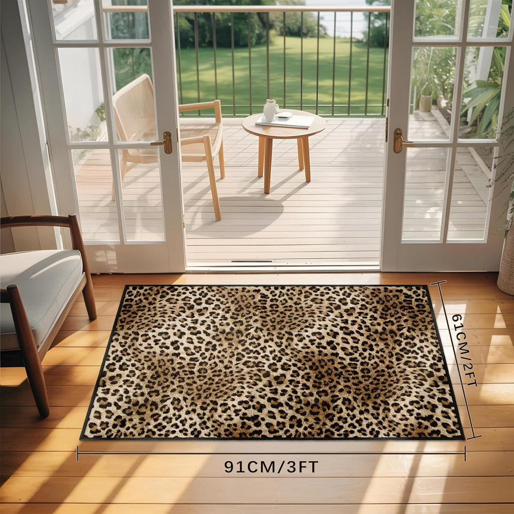 Cheetah Print Entryway Rug 2x3 Area Rug Deep Brown Animal Leopard Thin Door Mat Non Slip Washable Small Floor Mat Carpet for Entrance Porch Indoor Outdoor (Deep Brown, 2'x3')