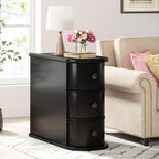 Wood End Table with 3 Drawers, No Assembly Required Narrow Sofa Side Table for Living Room, Vintage Slim Nightstand Bedside Table Bedroom (3 Drawers, Black, 2 Pcs)