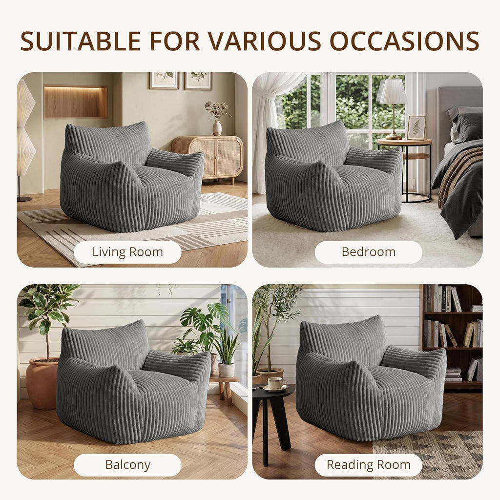 Bean-Bag Chair for Adults Teens - Large Corduroy Bean Bag Chairs with Back Support and Armrests, Adult BeanBag Lazy Sofa with Filler for Living Room, Bedroom, Reading, Grey