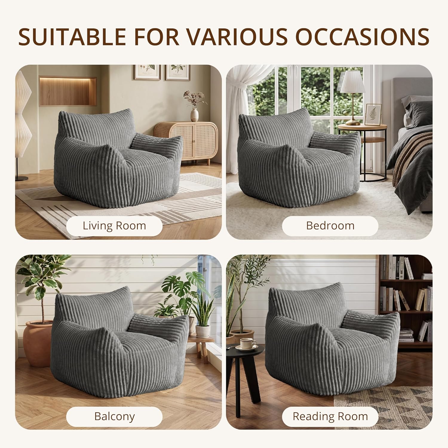 Bean-Bag Chair for Adults Teens - Large Corduroy Bean Bag Chairs with Back Support and Armrests, Adult BeanBag Lazy Sofa with Filler for Living Room, Bedroom, Reading, Grey