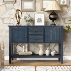 46'' Solid Wood Console Table Sideboard with 2 Drawers and Cabinets and Bottom Shelf, Retro Style Storage Dining Buffet Server Cabinet, for Living Room Kitchen Dining Room (Navy Blue-01)