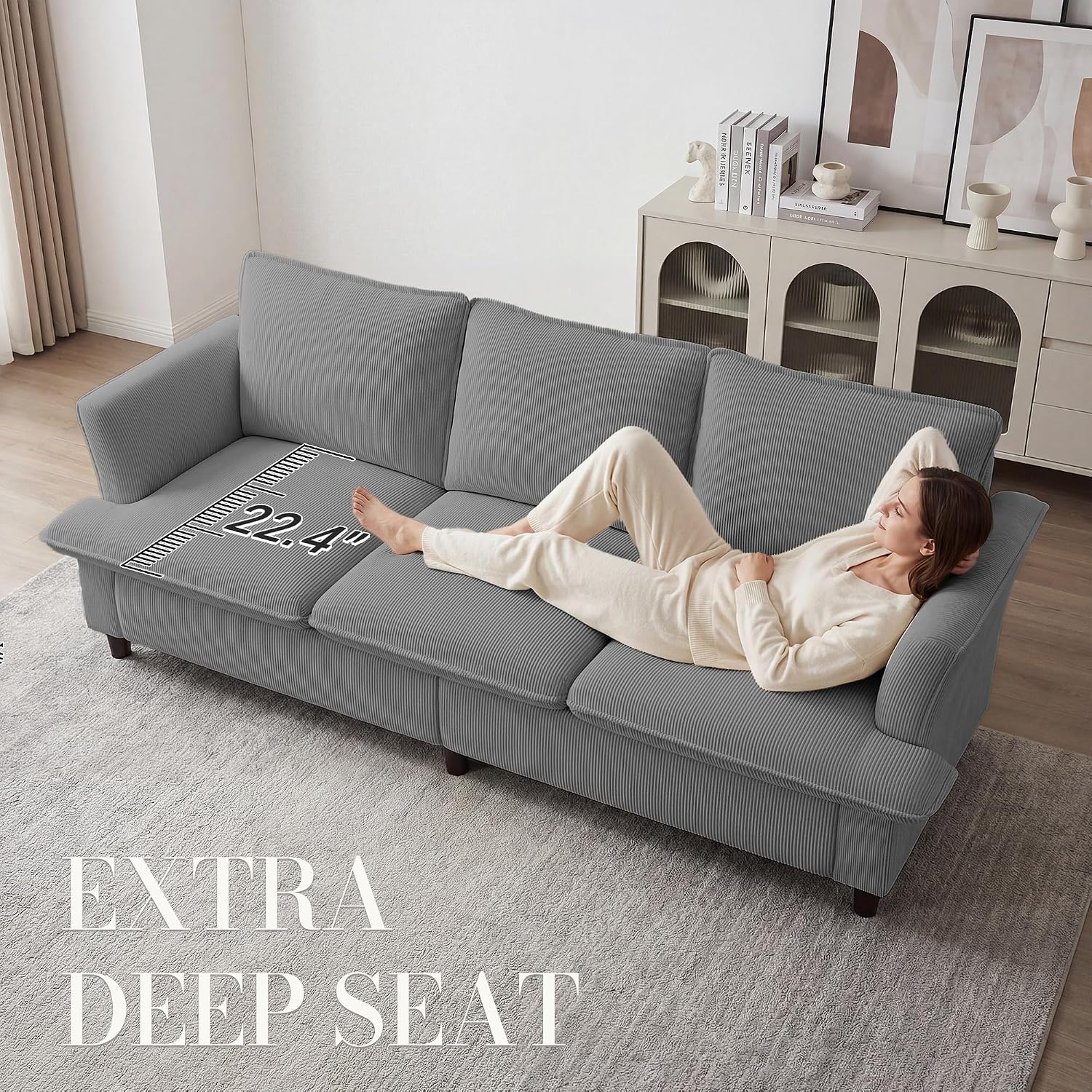 GRUSIGN 3 Seater Corduroy Couch, 89" Comfy Couch with Deep Seat, Modern Sofa Couch for Living Room, Office, Bedroom, Apartment (Pillows not Included)