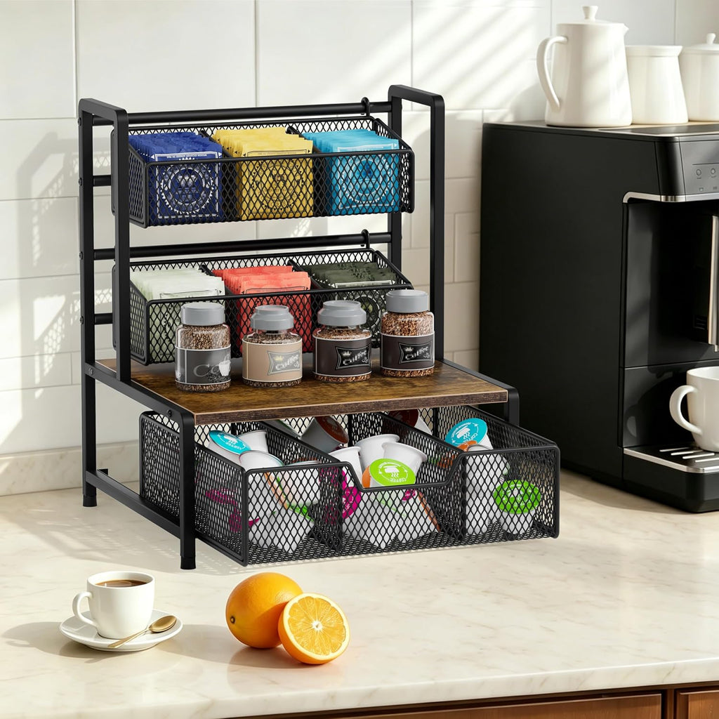 Tea Bag Organizer, 3 Tier Tea Bag Holder with Drawer, Tea Storage Chest for Countertop
