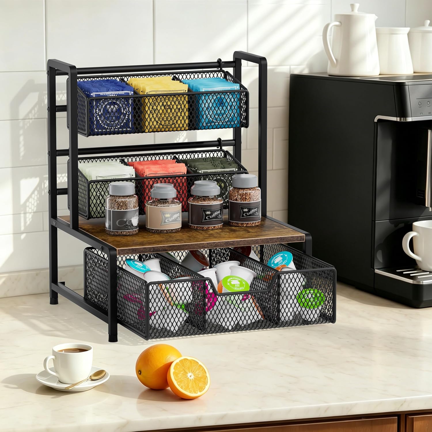 Tea Bag Organizer, 3 Tier Tea Bag Holder with Drawer, Tea Storage Chest for Countertop