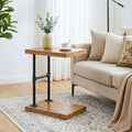 C Shaped Solid Wood End Table, Industrial Side Table with Shelf for Living Room Couch, Narrow Accent Table for Small Spaces, Rustic Laptop Stand for Sofa, Black Metal Frame