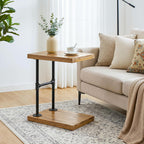 C Shaped Solid Wood End Table, Industrial Side Table with Shelf for Living Room Couch, Narrow Accent Table for Small Spaces, Rustic Laptop Stand for Sofa, Black Metal Frame