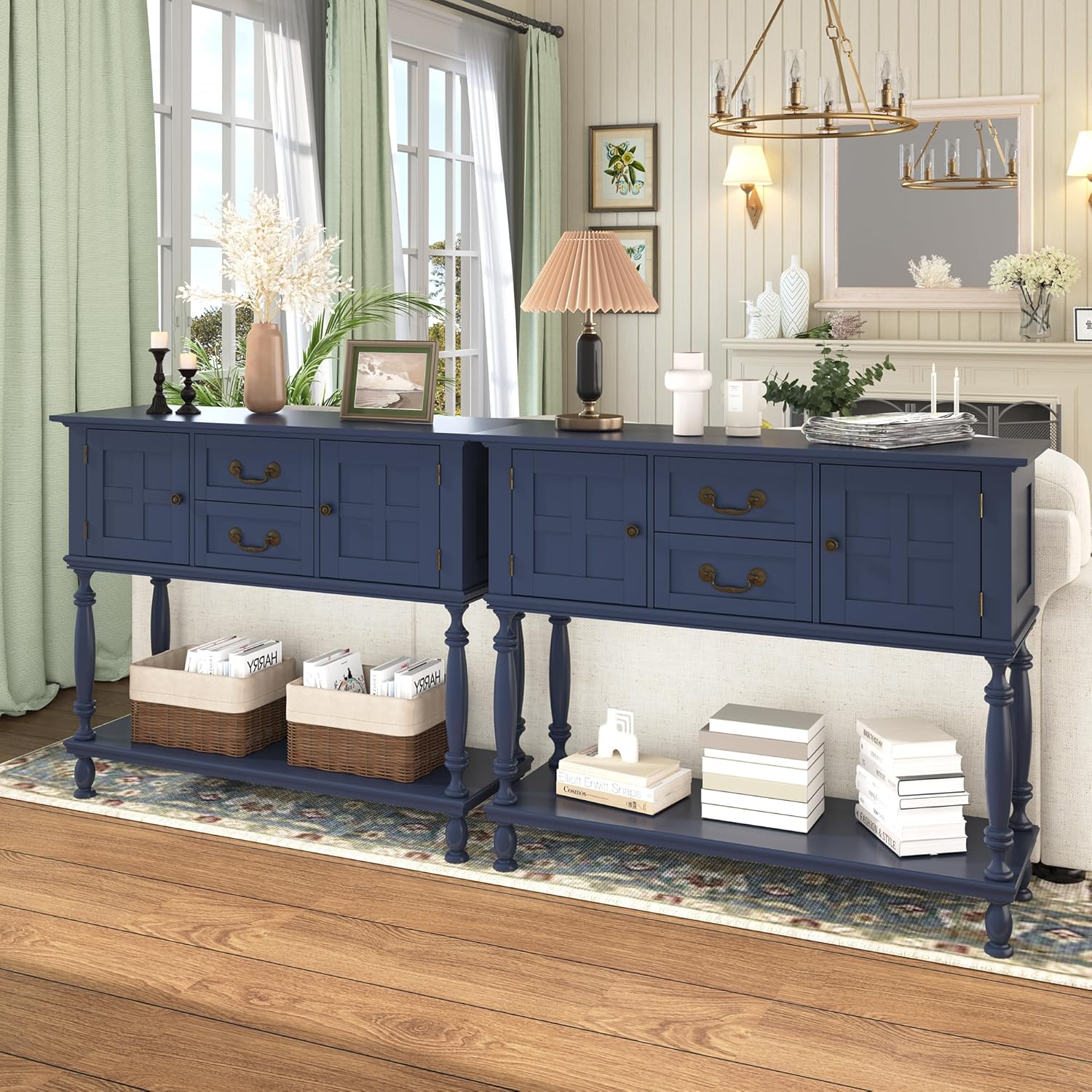 Farmhouse Console Table with Storage, Narrow Entryway Table with 2 Drawers & 2 Door Cabinets, Sofa Table Behind Couch with Shelf for Living Room, Entryway