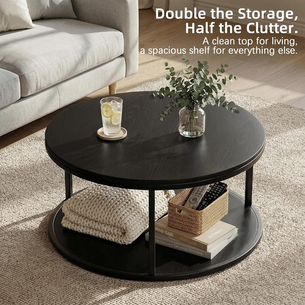 YESHOMY 36" Modern Round Coffee Table for Living Room, 2-Tier Wood Design with Storage Shelf, Sturdy Metal Frame, Stylish Small Space Furniture, Black Metal