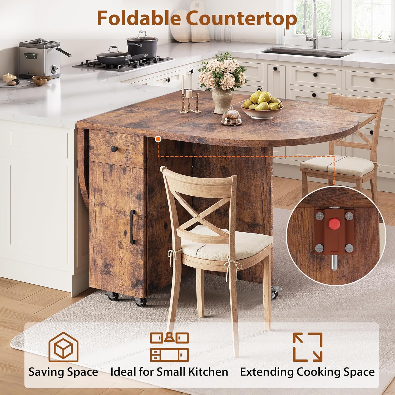 Jocoevol Round Folding Dining Table for 4, Space Saving Drop Leaf Kitchen Table with Storage Drawer, 6 Wheels Oval Gateleg Foldable Dining Table for Small Spaces(Vintage 47 * 23.6 * 30)
