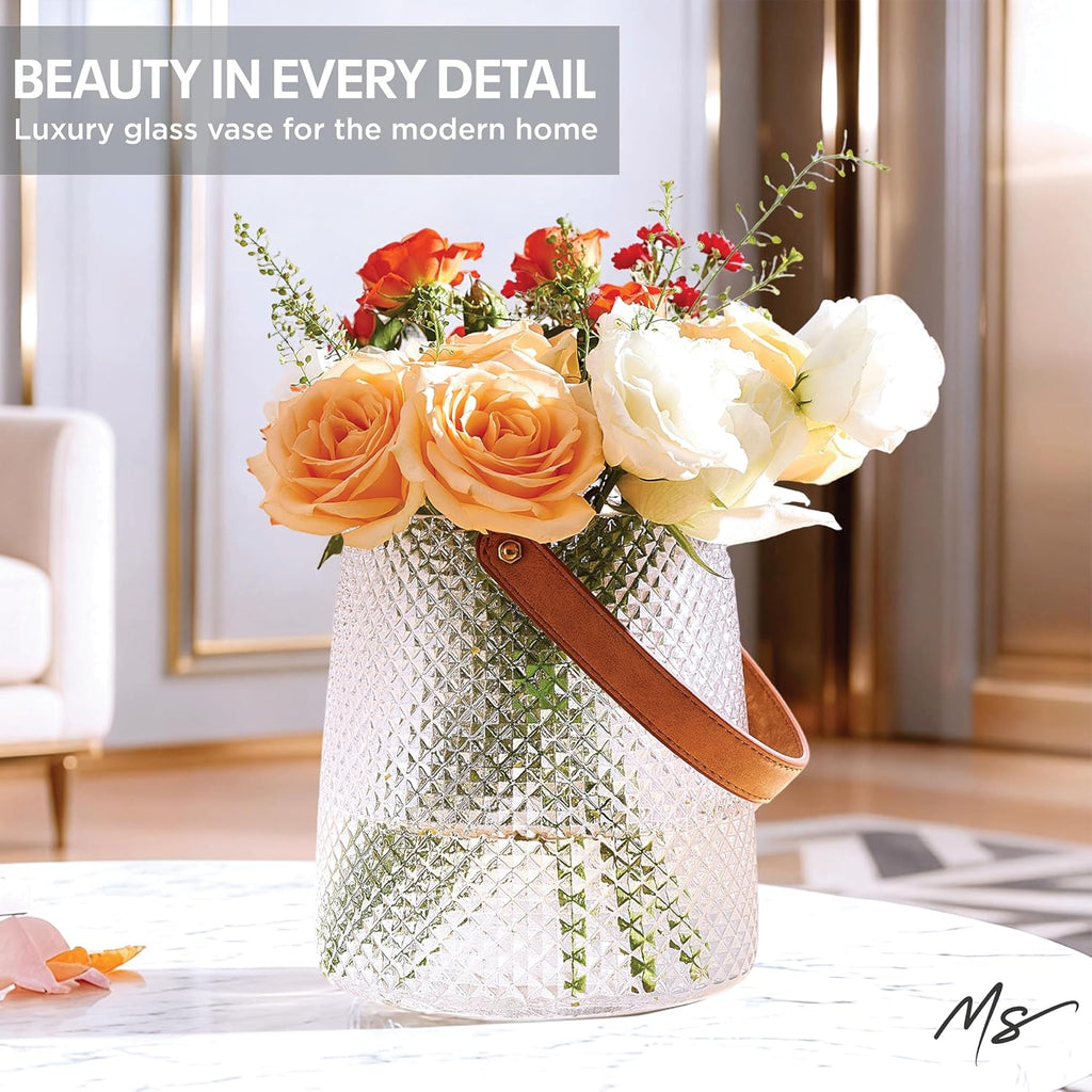 Nordic Handcrafted Crystal Glass Vase with Vegan Leather Handle – Diamond Textured Flower Vase – Modern Decorative Centerpiece for Dining Table, Wedding & Luxury Home Decor