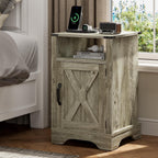 RoyalCraft Farmhouse Nightstand Set of 2 with Charging Station, Wooden End Table, Rustic Night Stand with Storage Cabinet and Shelf, Tall Bedside Table for Bedroom, Living Room, Light Grey