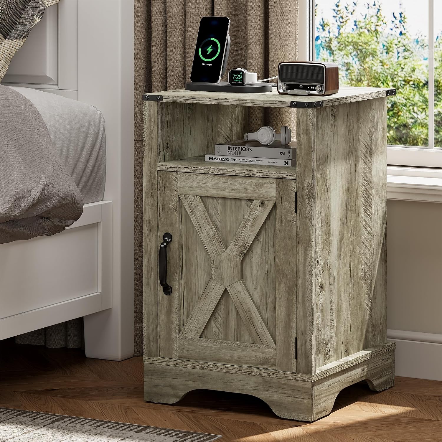 RoyalCraft Farmhouse Nightstand Set of 2 with Charging Station, Wooden End Table, Rustic Night Stand with Storage Cabinet and Shelf, Tall Bedside Table for Bedroom, Living Room, Light Grey