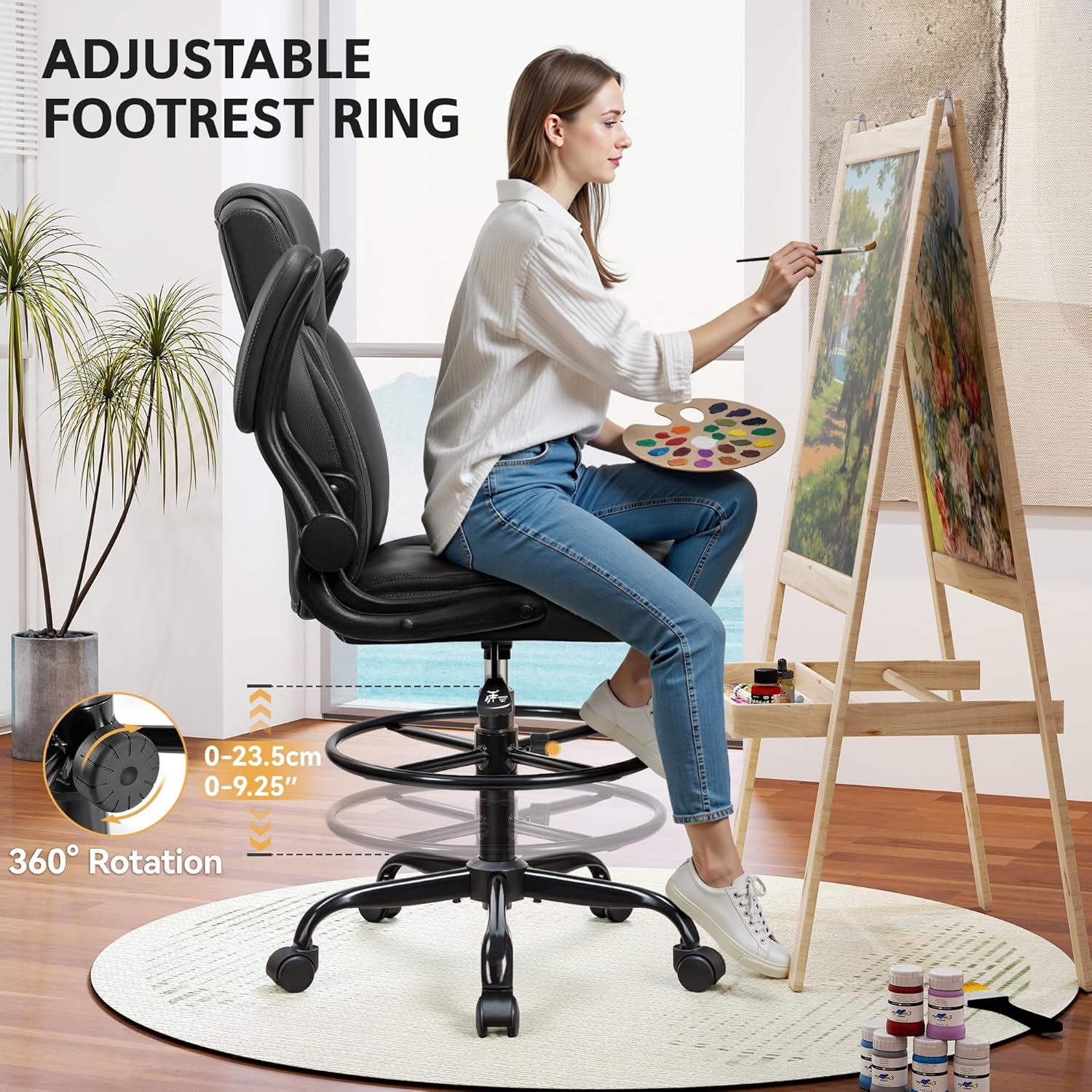 Drafting Chair, Tall Office Chair for Standing Desk, High Executive Leather Ergonomic Computer Chair with Adjustable Height and Flip-Up Armrest for Counter Height Desk, Black, Pack of 1