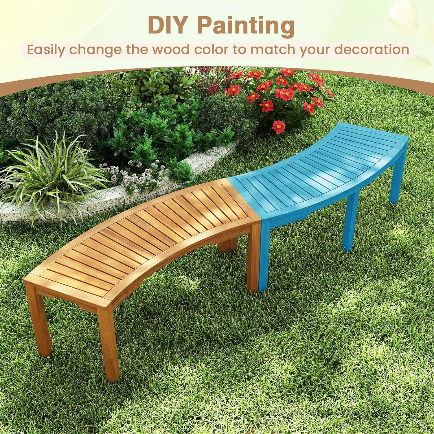 Tangkula Outdoor Curved Bench, Acacia Wood Fire Pit Bench w/Slatted Seat, Patio Backless 2-Person Seating for Porch, Yard, Garden, 800 LBS Max Load, Oil Painted (1, 45")