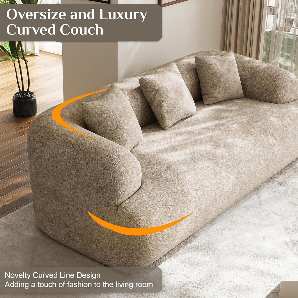 91" Boneless Couch,Cloud Couch,Chenille Curved Sofa with 3 Seater and 3 Pillows, Modern Compression Sofa for Living Room, Bedroom and Apartment, No Assembly Required, Light Brown