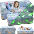 Toddler Couch Cover, Glow in The Dark Toddler Fold Out Couch Cover, Baby Modular Couch Cover, Convertible Baby Fold Out Play Foam and Floor Cushion Cover for Nursery Playroom, Blue+Dinosaur