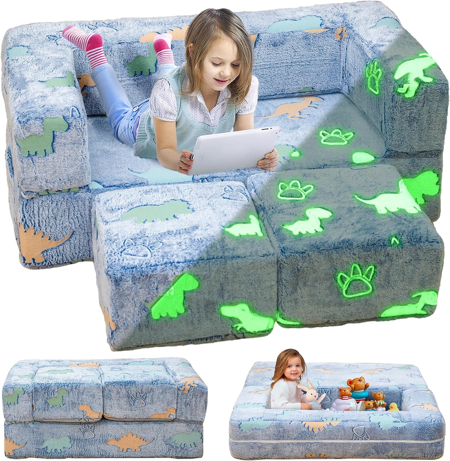Toddler Couch Cover, Glow in The Dark Toddler Fold Out Couch Cover, Baby Modular Couch Cover, Convertible Baby Fold Out Play Foam and Floor Cushion Cover for Nursery Playroom, Blue+Dinosaur