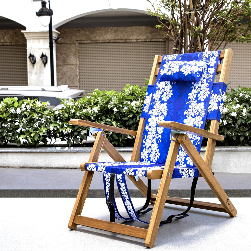 Melino Wooden Folding Outdoor Chair – 3-Position Reclining Beach Sling w/ Pillow, Zipper Pouch, Carry Strap – Acacia Wood Frame for Patio, Lawn, Garden, Pool 225 lbs Support - Portable Lounge, Floral