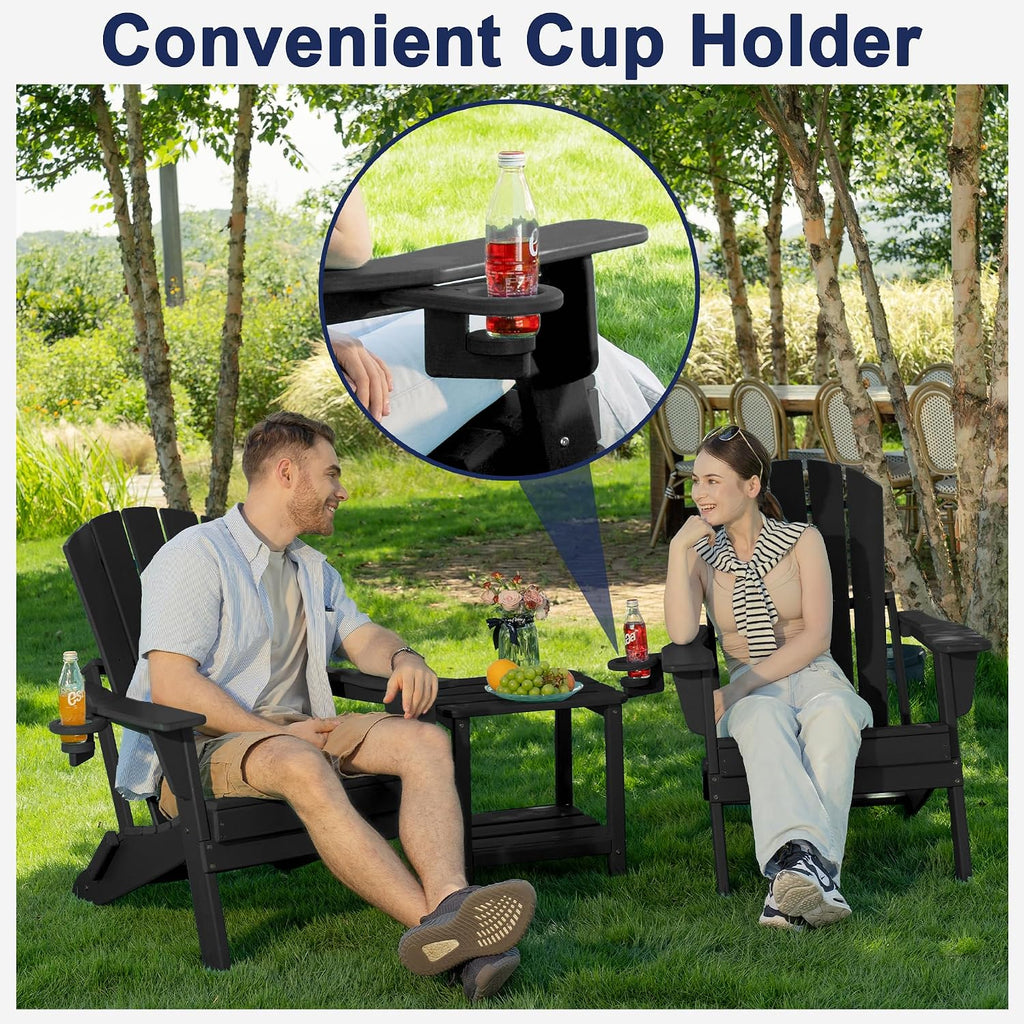 Plawdlik Folding Adirondack Chair Set of 4, Cup Holder，Wooden Textured ，Heavy All-Weather HDPE Comfortable Set Poolside Backyard Lawn Black