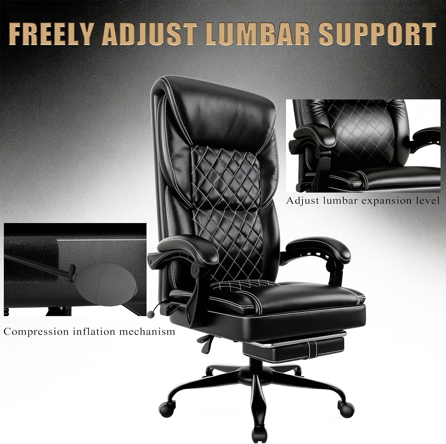 Gaming Chair, Office Chair with Inflatable Lumbar Support, Ergonomic Comfortable Wide Computer Chair with Footrest and Linked Soft Armrests, High Back 3D Enveloping Seat Cushion