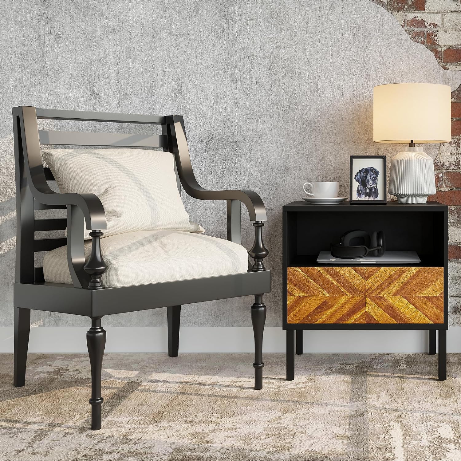 Bme Vivian Solid Wood Nightstand, End Table, Bedside Table with Herringbone Pattern for Rustic Bedroom, Easy Assembly, Rustic Golden Brown and Black