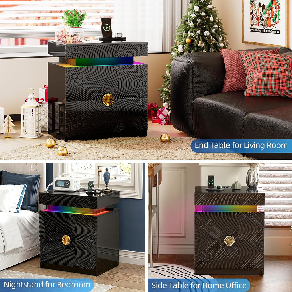WOOVIVS Bedside Table with 2 Drawers and Sliding Top, RGB Color Changing Lights Sync with Music Rhythm, Lockable Night Stand with Secure Hidden Storage for Bedroom(Black)