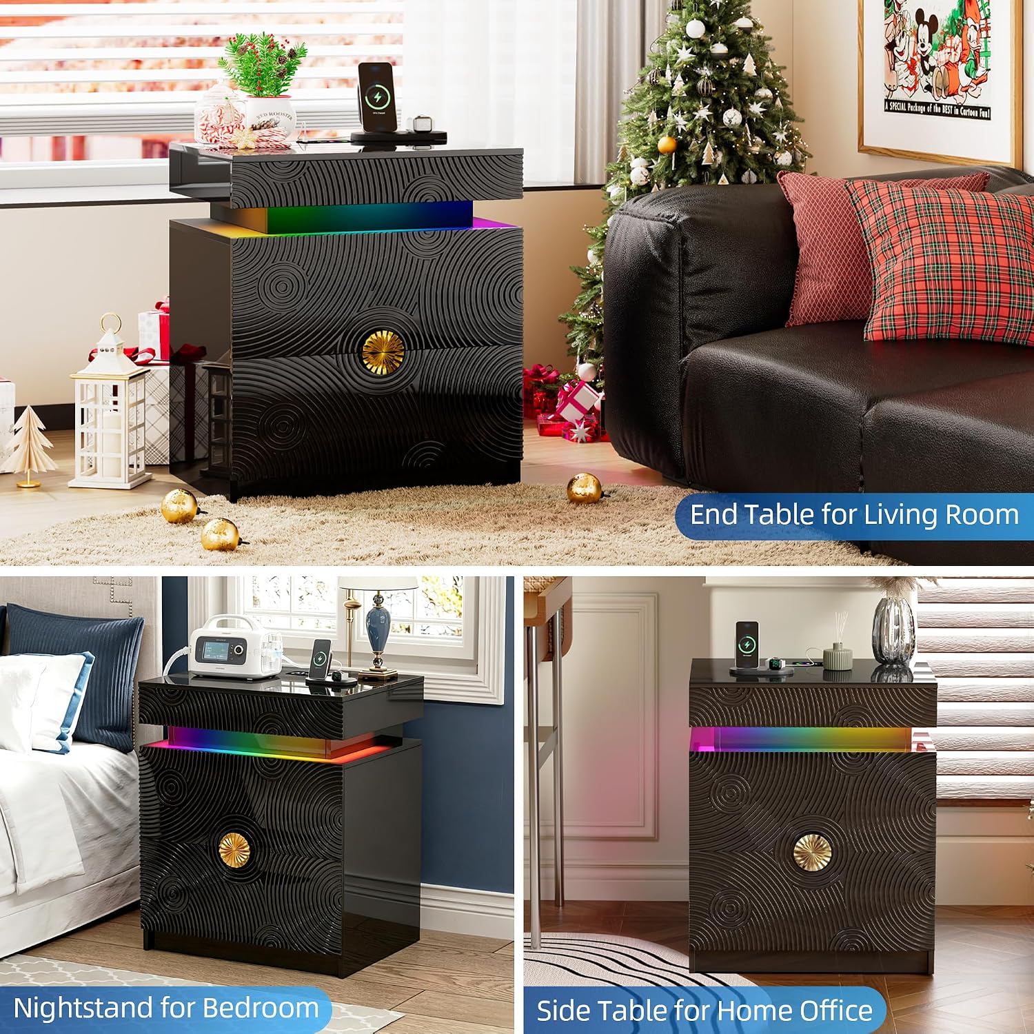 WOOVIVS Bedside Table with 2 Drawers and Sliding Top, RGB Color Changing Lights Sync with Music Rhythm, Lockable Night Stand with Secure Hidden Storage for Bedroom(Black)