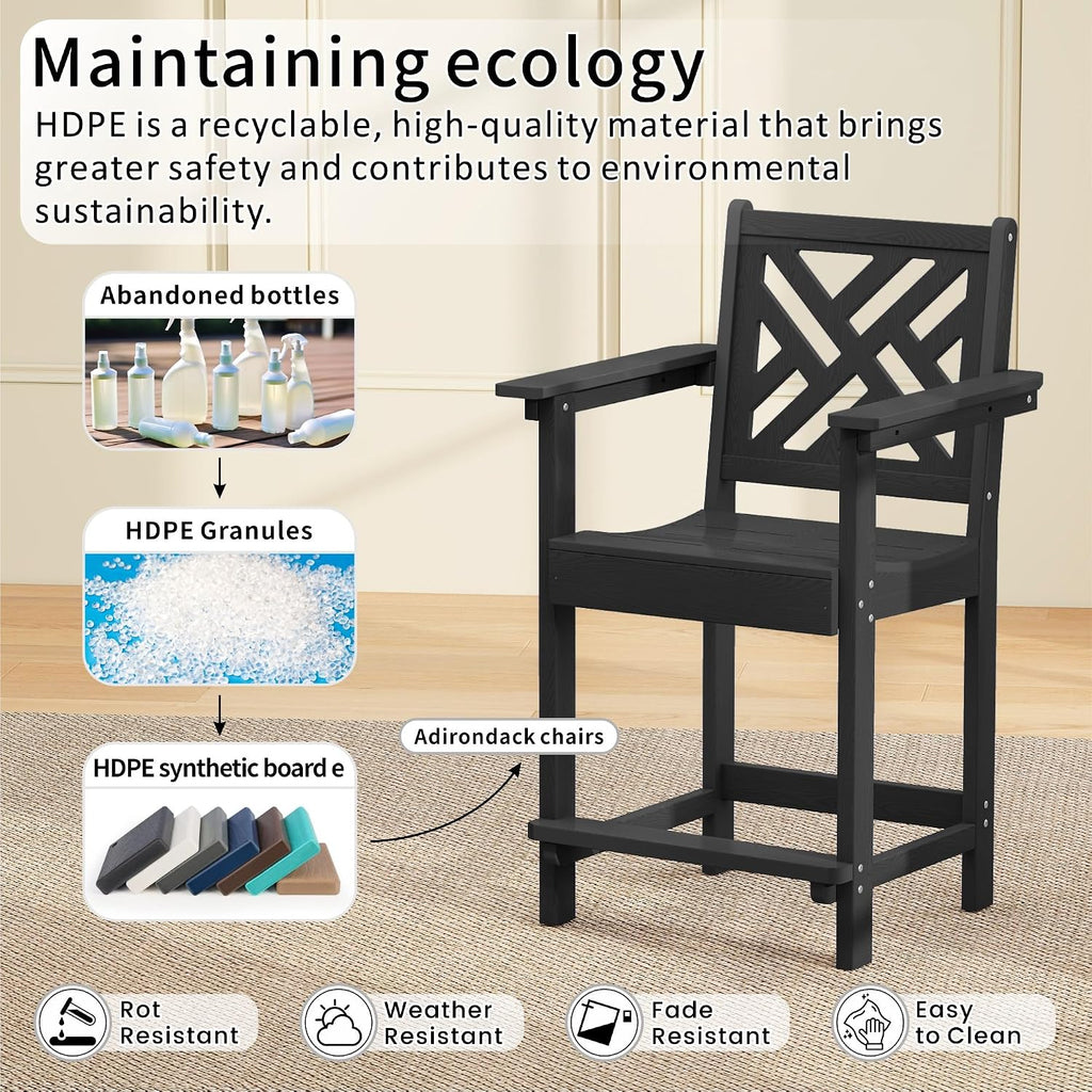 HDPE Outdoor Adirondack Bar Chairs Set of 2,Tall Adirondack Chairs with Umbrella Table,bar stools with Back for Patio Backyard Swimming Pool Durable Weather Resistant Design Black