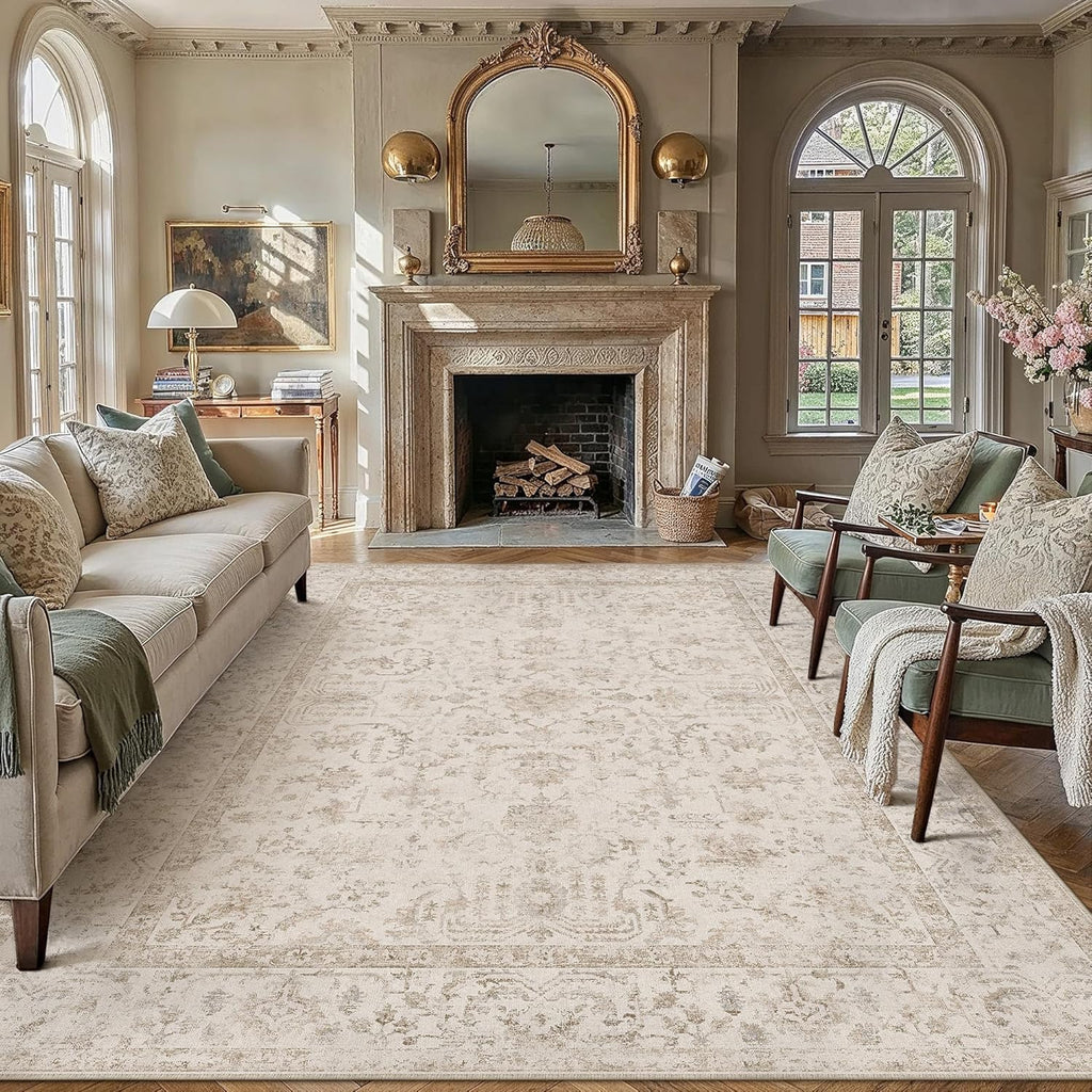8x10 Beige Neutral Area Rug for Living Room Bedroom Machine Washable Low Pile Carpet Vintage Accent Soft Non Slip Rug for Dining Room Decor Nursery Indoor