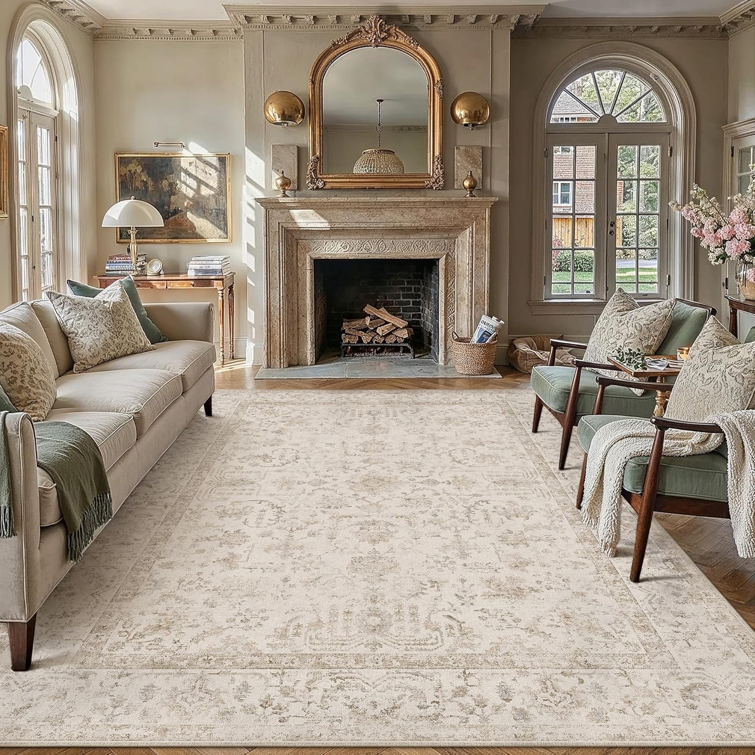 8x10 Beige Neutral Area Rug for Living Room Bedroom Machine Washable Low Pile Carpet Vintage Accent Soft Non Slip Rug for Dining Room Decor Nursery Indoor