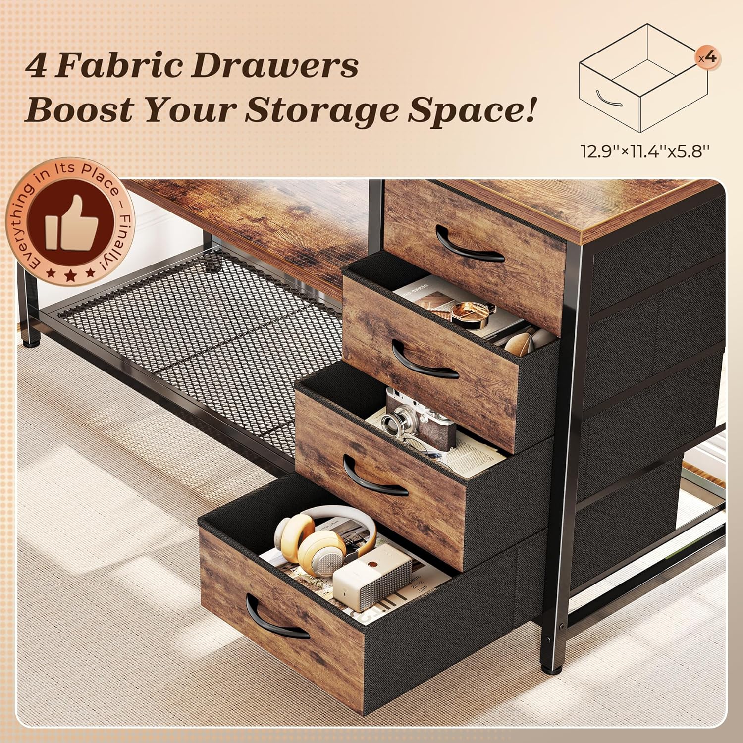 PRAISUN 61" L Shaped Desk with Power Outlets and USB-C Port, Reversible Computer Corner Office Desk with 4 Fabric Drawers and 2 Height-Adjustable Shelves, Large for Gaming Writing Study, Rustic Brown