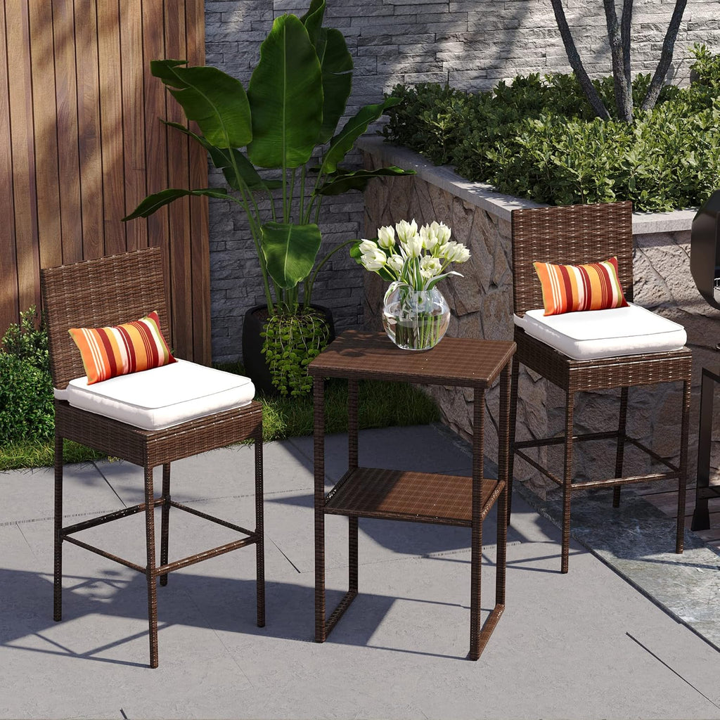 Sundale Outdoor Bar Stools 30 Inch Seat Height Set of 2, Patio Wicker Counter Stools with Back Rest, High Brown Rattan Chair with Pillow & Beige Cushion, All-Weather Armless Tall Pub Barstool