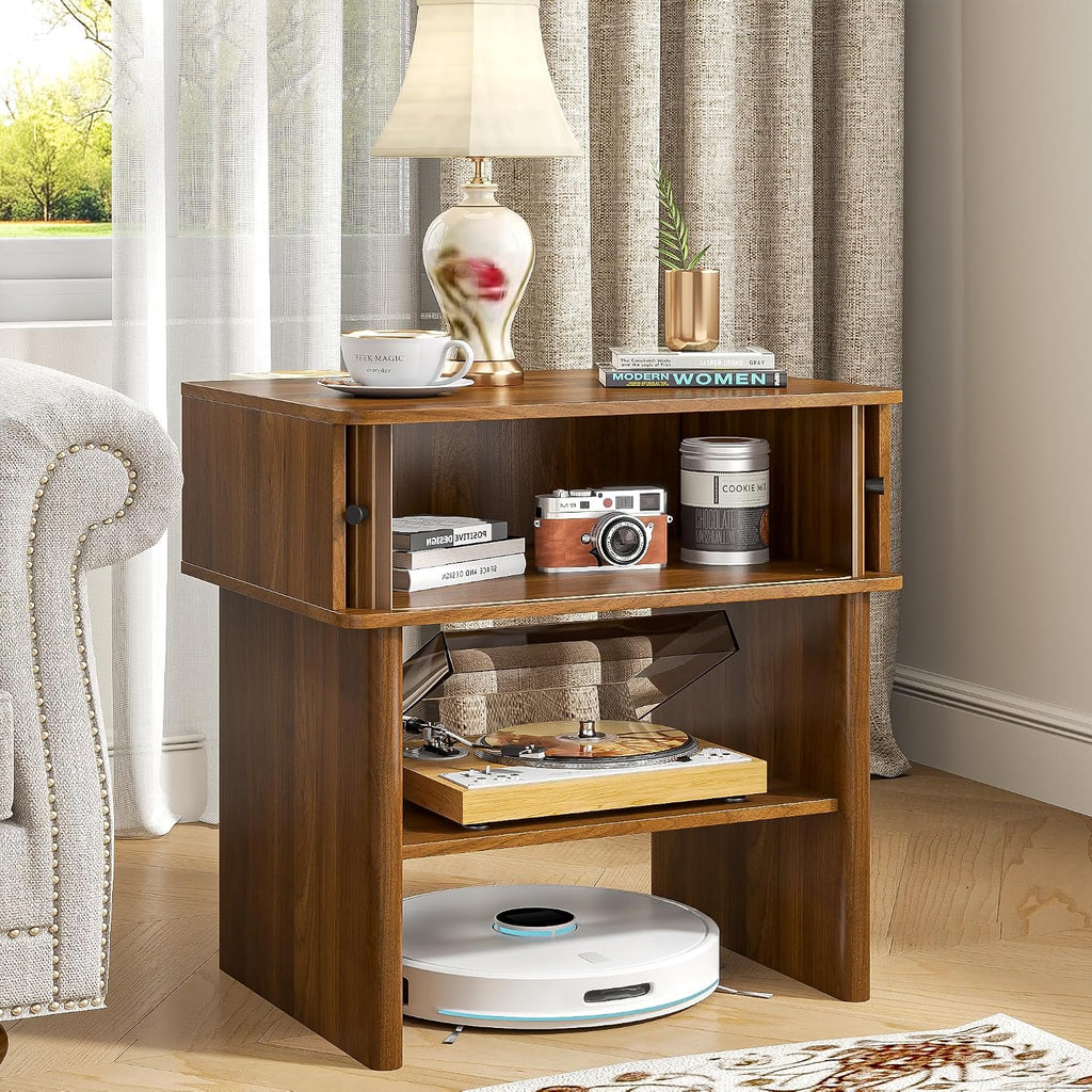 Nightstand with Fluted Sliding Door, 3-Tier Side Table with Hidden Cabinet and Open Storage, 21.7" Wide Modern End Table, for Living Room, Bedroom, Dorm, Spacious Desktop Space, Walnut Brown
