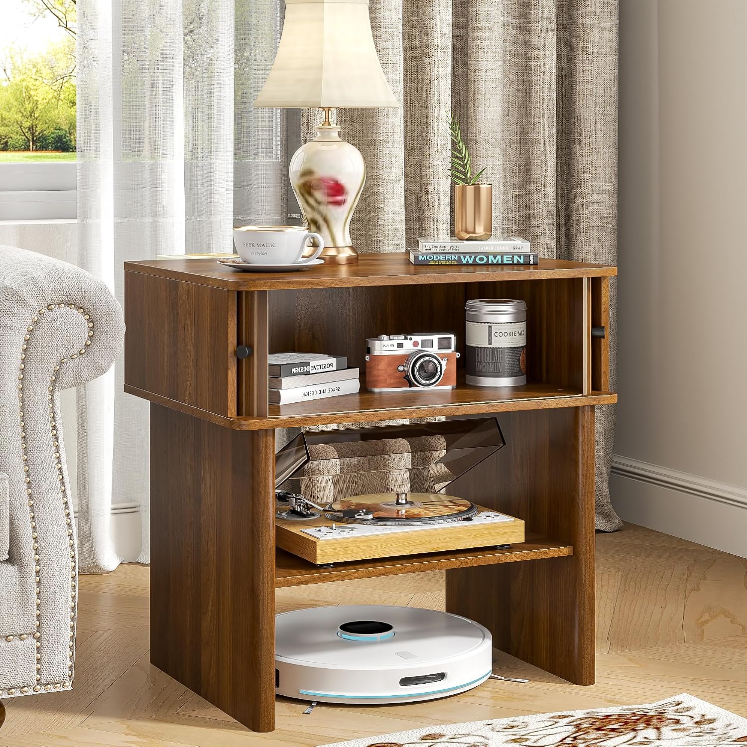 Nightstand with Fluted Sliding Door, 3-Tier Side Table with Hidden Cabinet and Open Storage, 21.7" Wide Modern End Table, for Living Room, Bedroom, Dorm, Spacious Desktop Space, Walnut Brown
