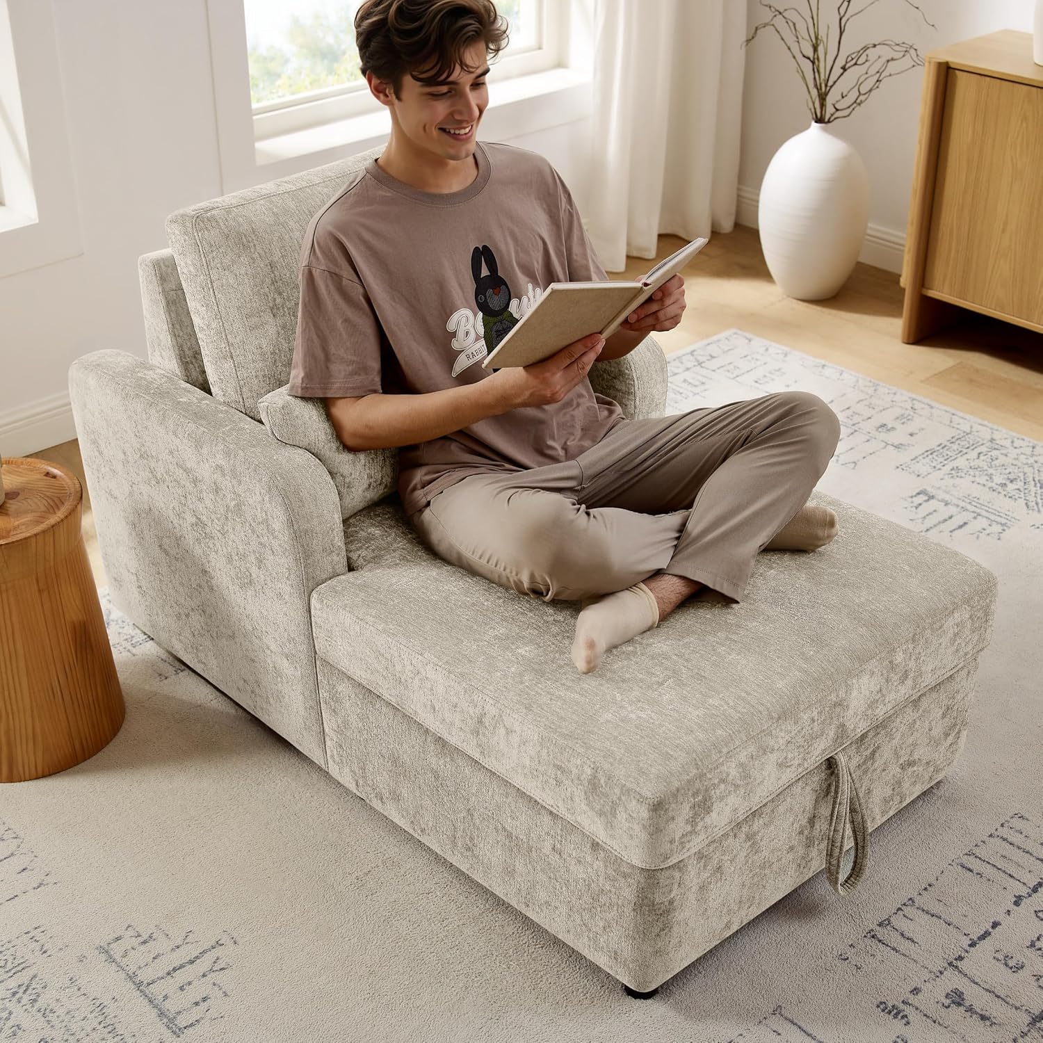 57.9" Oversized Chaise Lounge Chair Indoor, Chenille Reading Chair with Adjustable Backrest & Storage, Upholstered Comfy Sleeper Chair with 2 Pillows, Sofa Bed for Living Room, Bedroom, Camel
