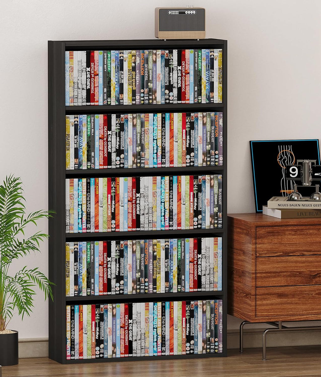 DVD Storage Cabinet Shelf, 5 Tier Media Storage Tower for CDs & Video Games, Freestanding Organizer Shelf for Living Room Home Office, Holds 200+ DVDs(Black)